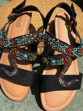 Carlos Santana Black Women's Sandals  Turquoise Gold and Red beaded Boho